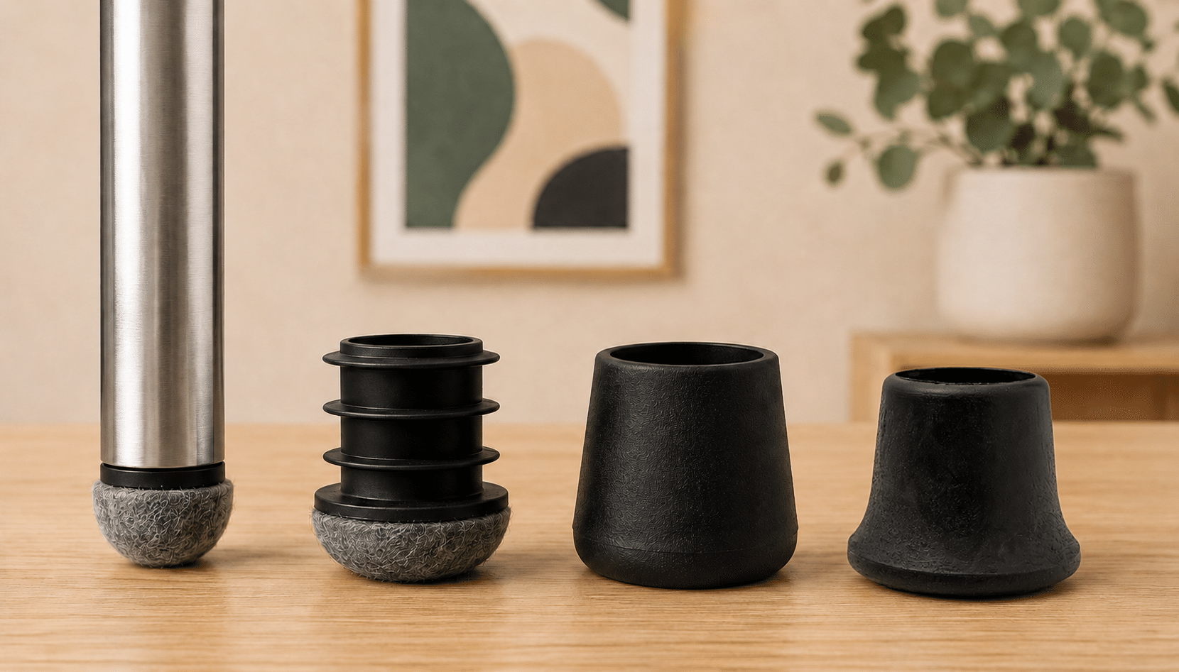 Vergelijking van stoelpootdoppen materialen- vilt, rubber en siliconen 2