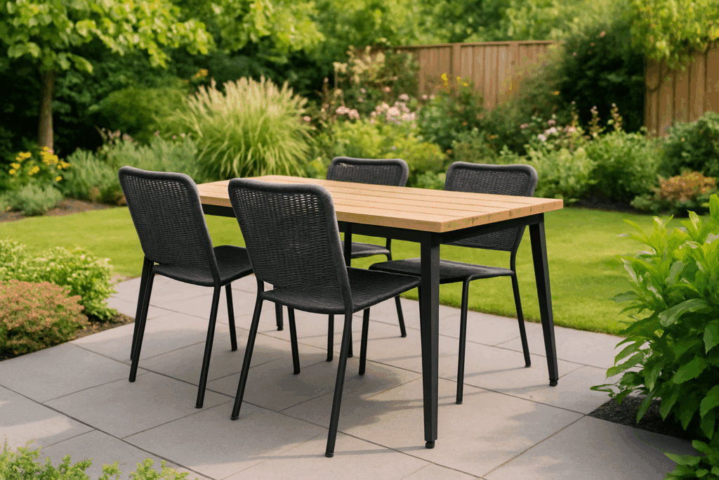 Tuin met keramische tegels, gras, planten en houten tuinstoelen voorzien van stoelpootdoppen voor terrasbescherming