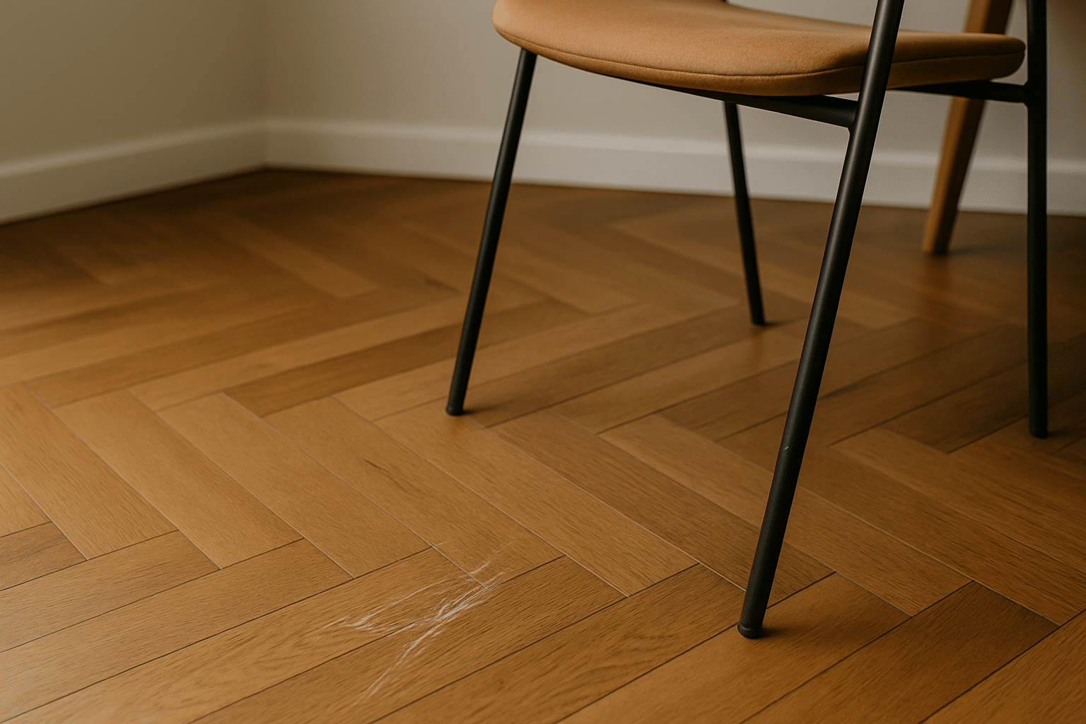 Stoelpoot veroorzaakt krassen op houten vloer in eetkamer