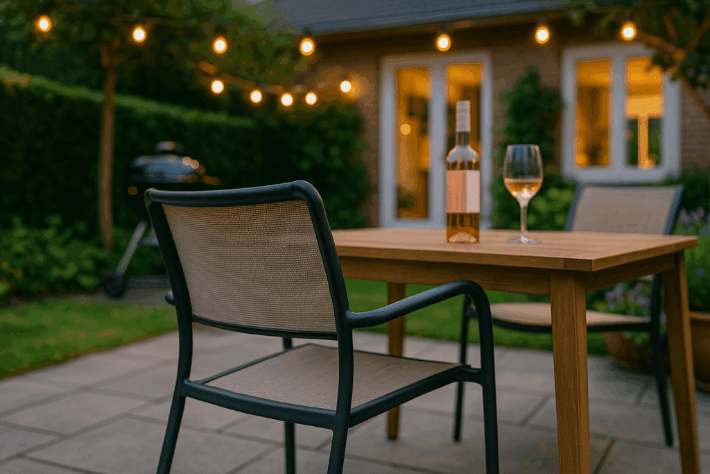 Gezellige achtertuin met terrasstoelen en stoeldoppen voor buitenmeubilair.